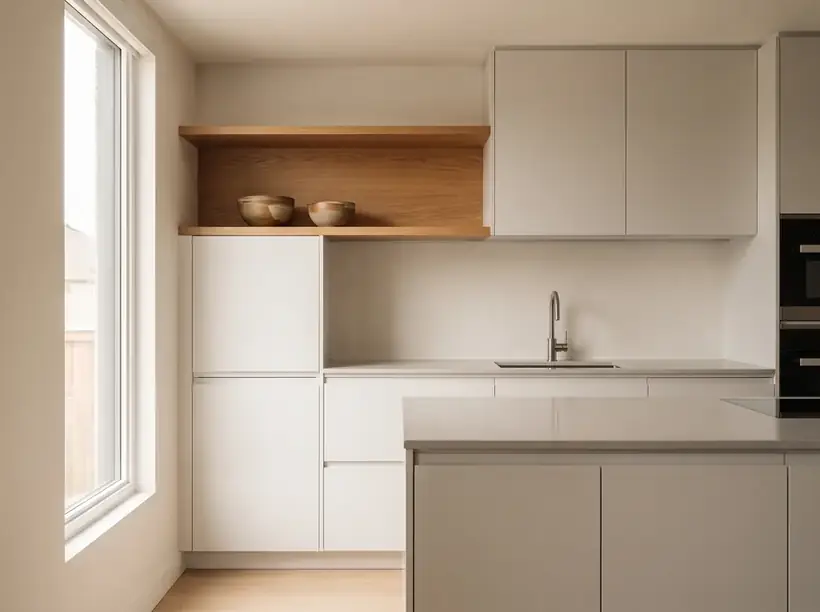 Moderne grifflose Küche als Beispiel für Küchenstile im Vergleich